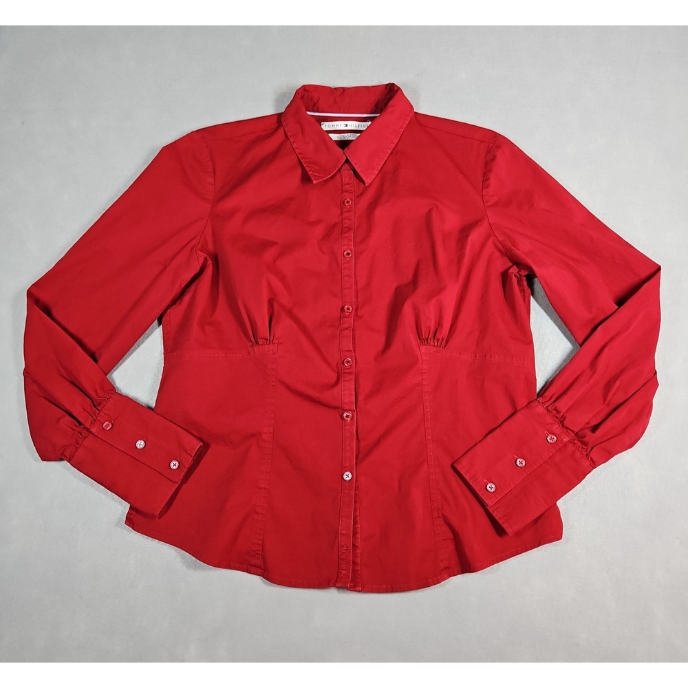 Tommy Hilfiger Womens Red Fitted Button Up Long Sleeve Blouse Size 14